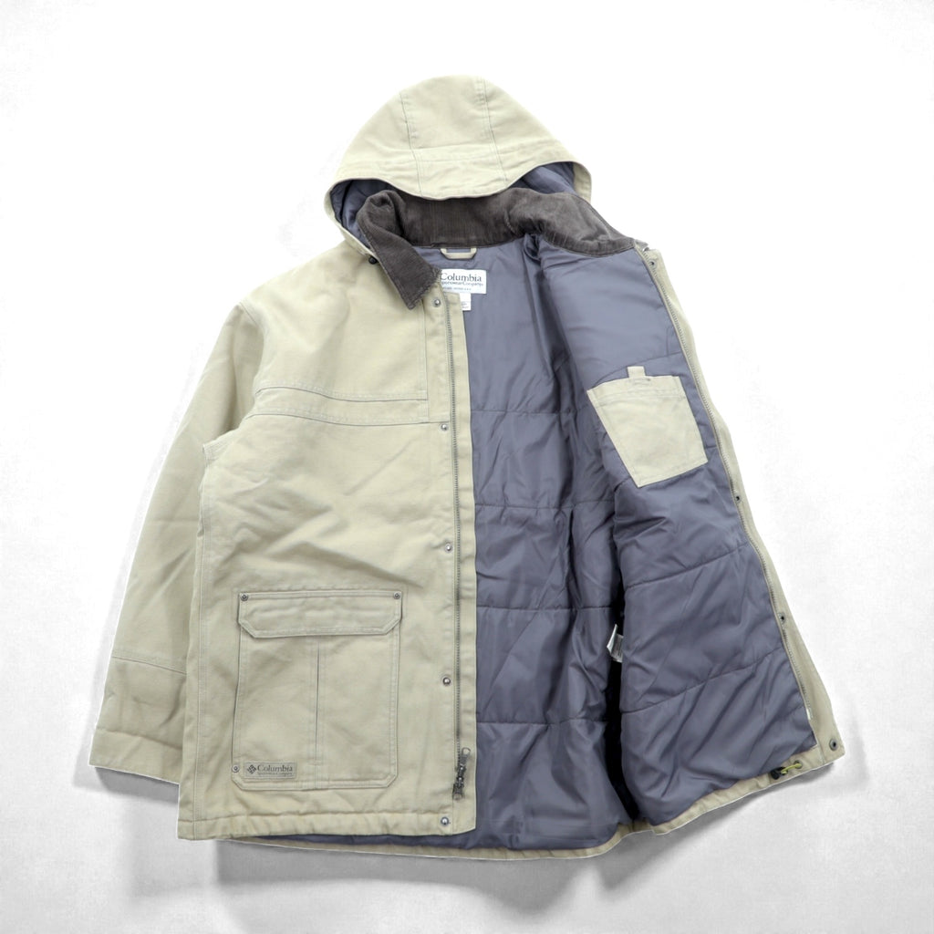 Columbia ダック地 中綿 ワークジャケット カバーオール XL ベージュ 襟コーデュロイ フード着脱 PM5028