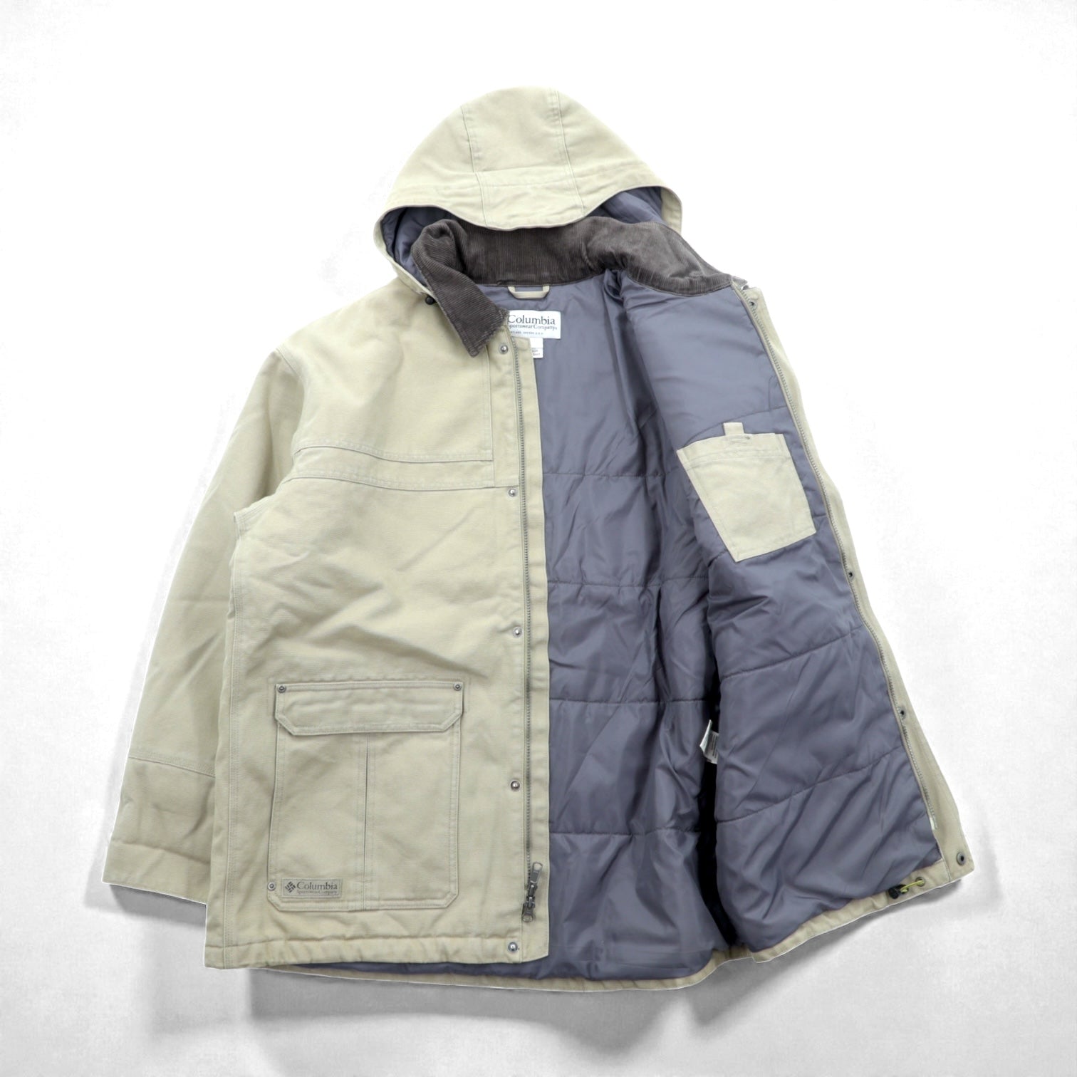 Columbia ダック地 中綿 ワークジャケット カバーオール XL ベージュ 襟コーデュロイ フード着脱 PM5028