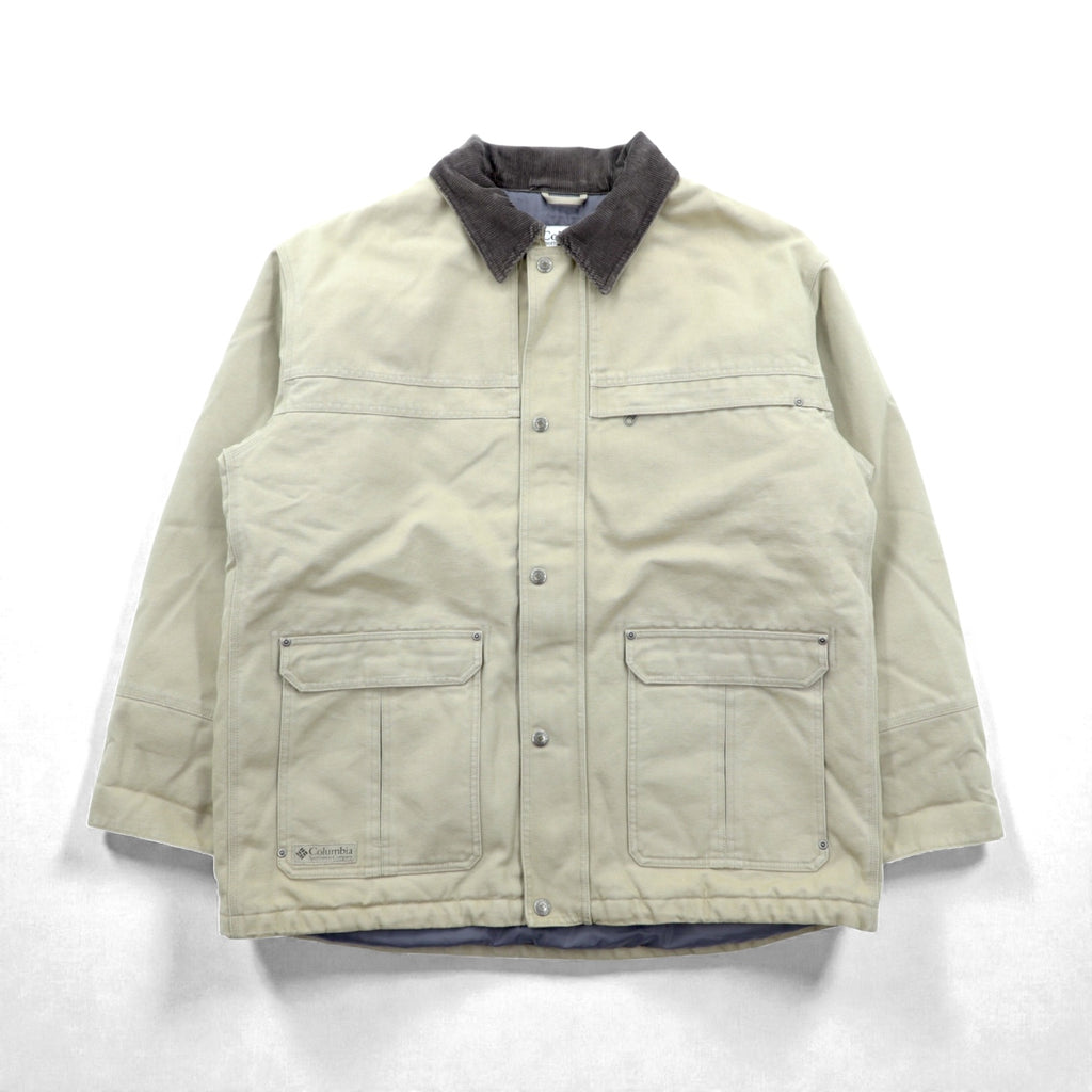 Columbia ダック地 中綿 ワークジャケット カバーオール XL ベージュ 襟コーデュロイ フード着脱 PM5028