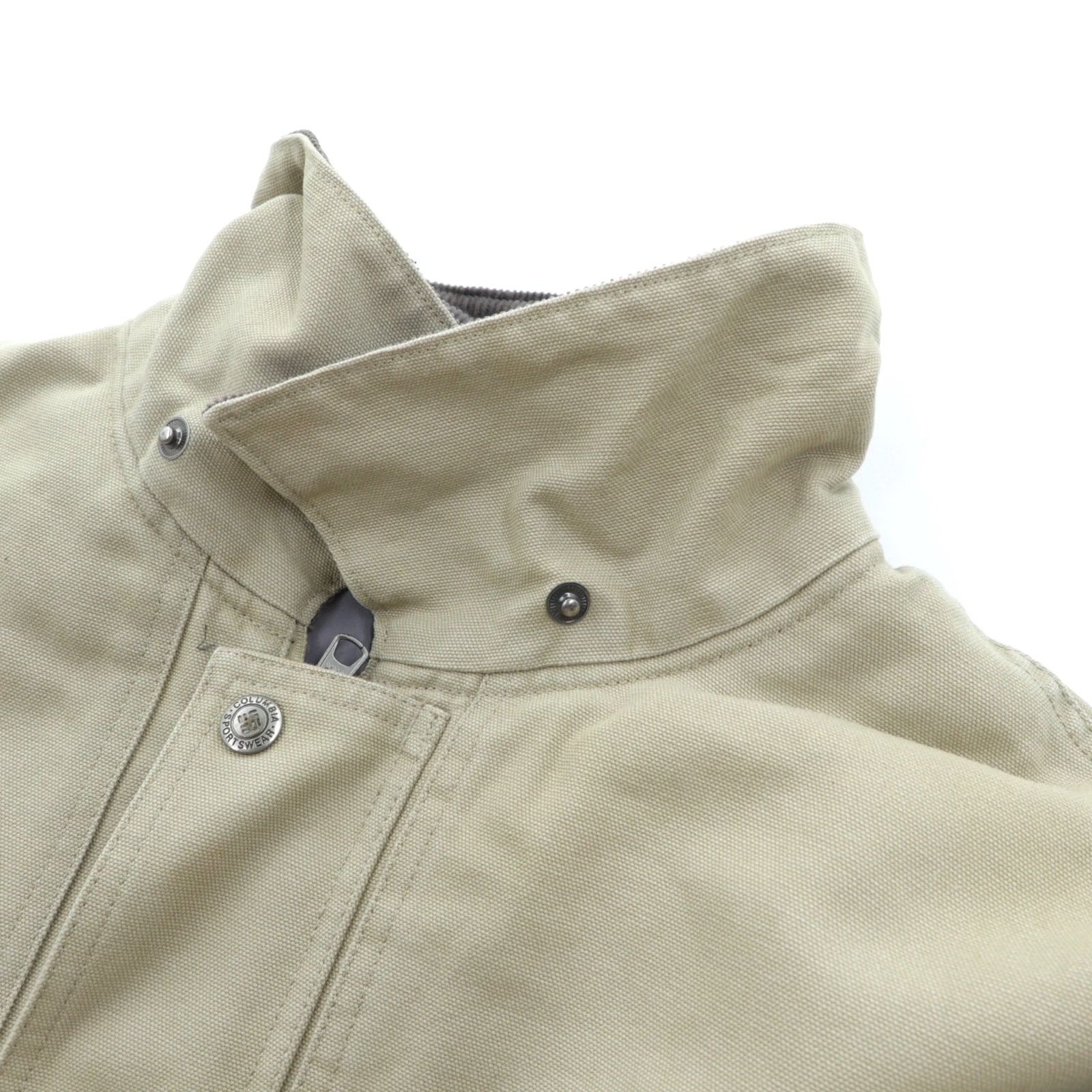 Columbia ダック地 中綿 ワークジャケット カバーオール XL ベージュ 襟コーデュロイ フード着脱 PM5028