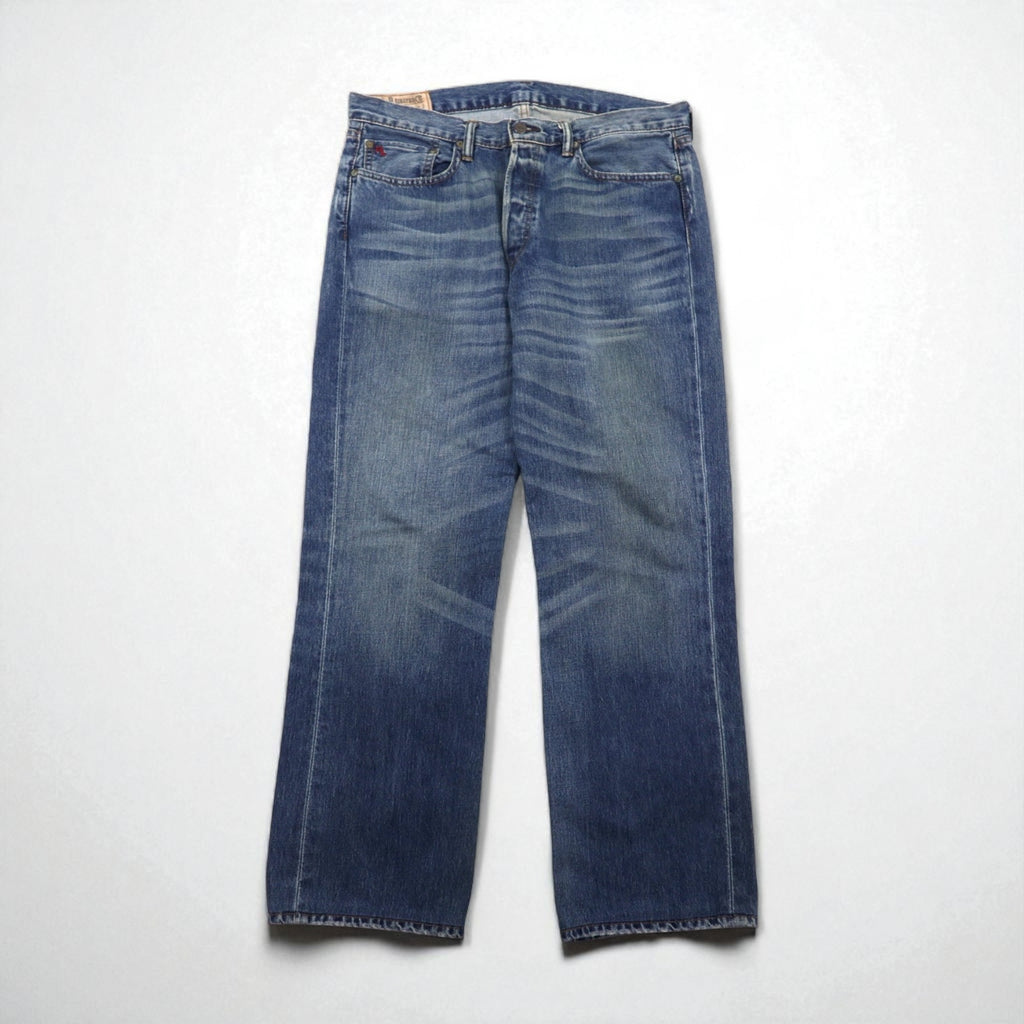 Polo Ralph Lauren denim pants, straight-leg jeans, size L, indigo, leather patch, button fly