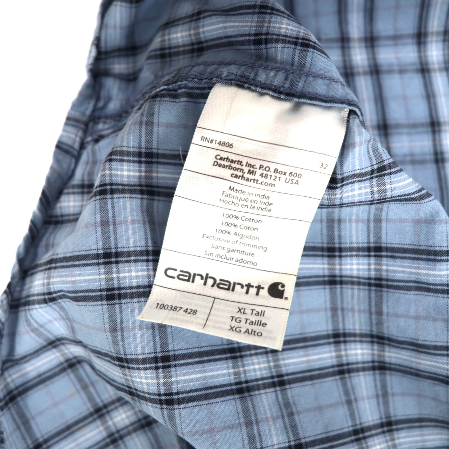 carhartt リラックスフィット 半袖シャツ XL TALL ブルー チェック コットン ビッグサイズ