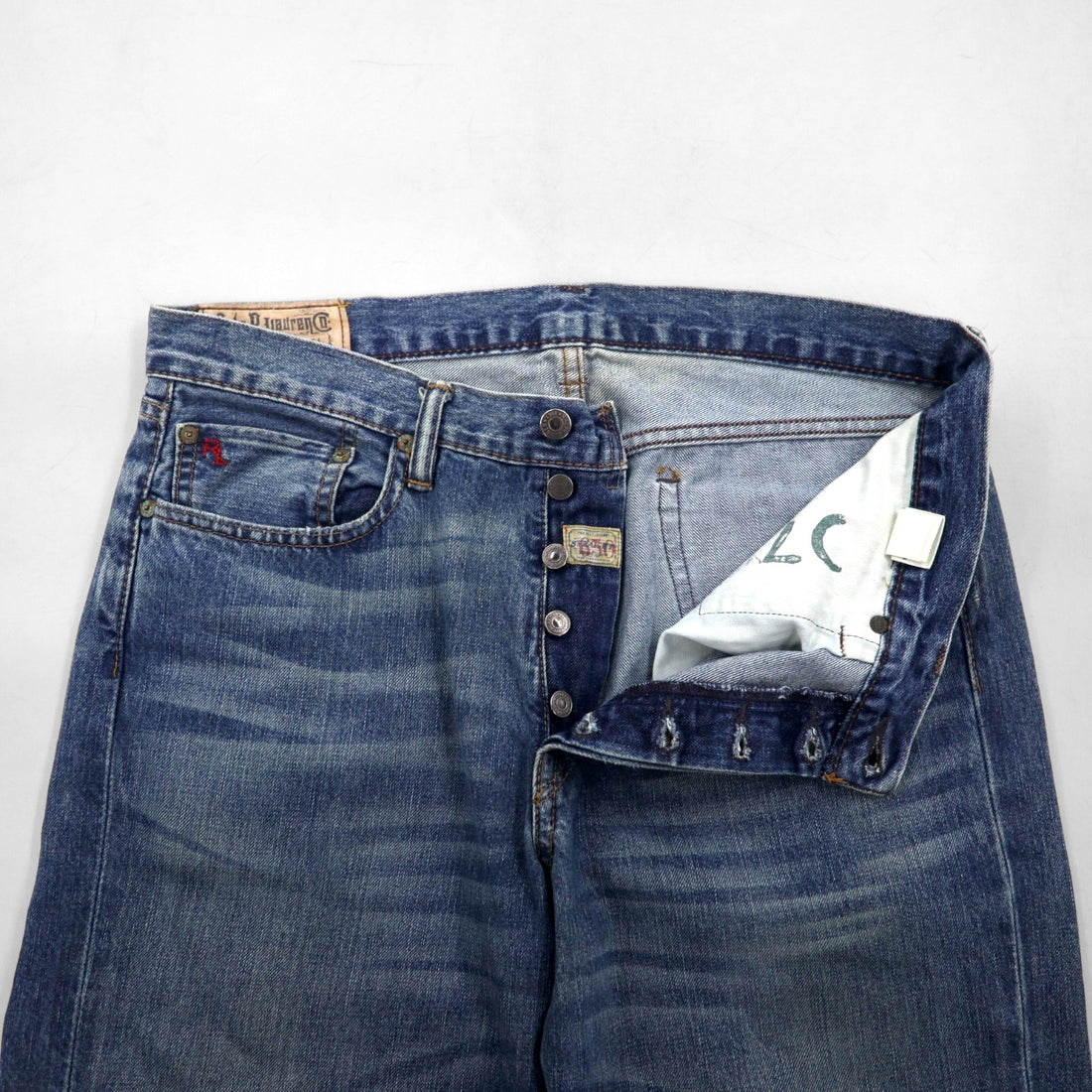 Polo Ralph Lauren denim pants, straight-leg jeans, size L, indigo, leather patch, button fly