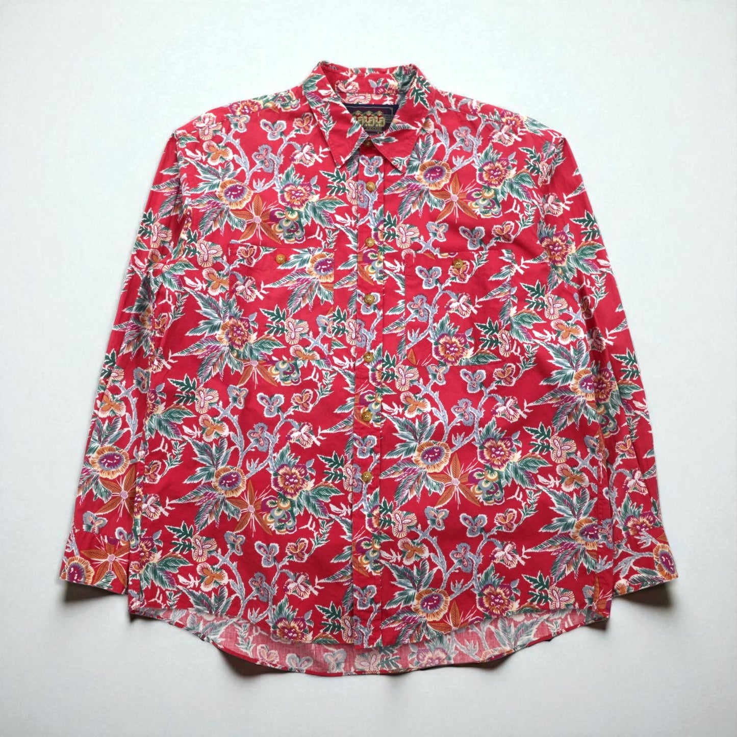 RALPH LAUREN 1980s Japanese-made floral long-sleeved aloha shirt, size L, red, double breasted, chest pocket