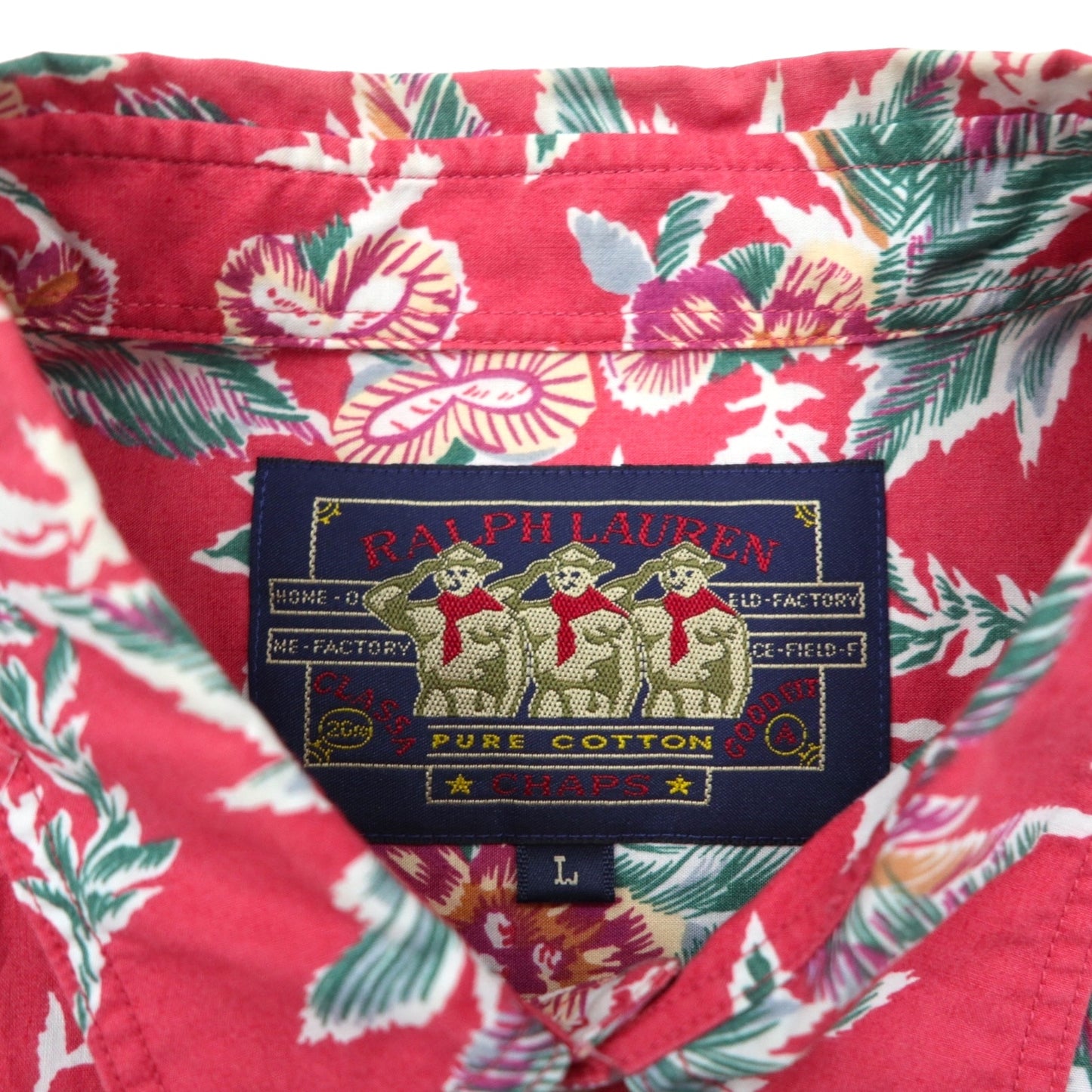RALPH LAUREN 1980s Japanese-made floral long-sleeved aloha shirt, size L, red, double breasted, chest pocket