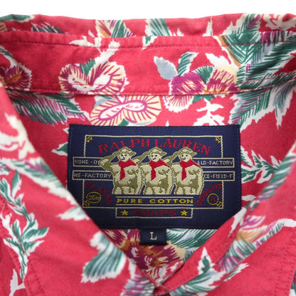 RALPH LAUREN 1980s Japanese-made floral long-sleeved aloha shirt, size L, red, double breasted, chest pocket