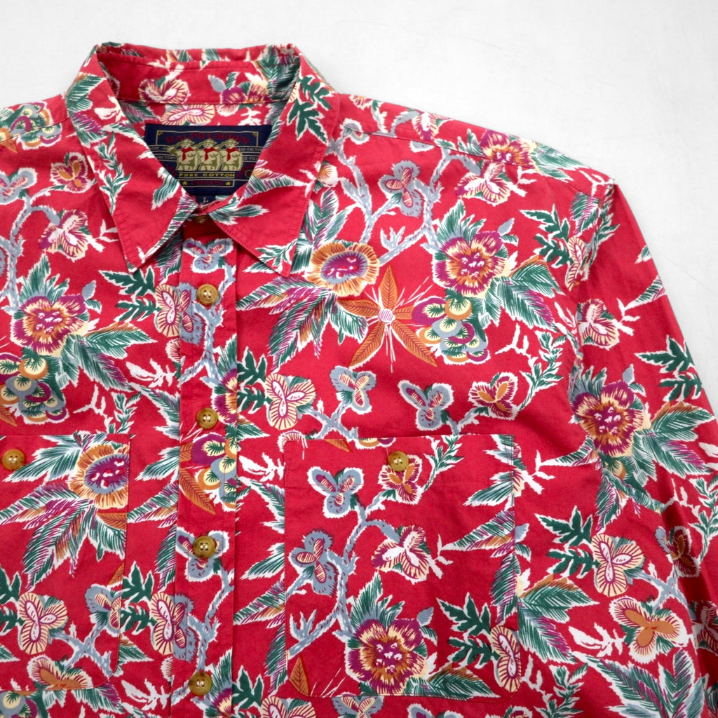 RALPH LAUREN 1980s Japanese-made floral long-sleeved aloha shirt, size L, red, double breasted, chest pocket