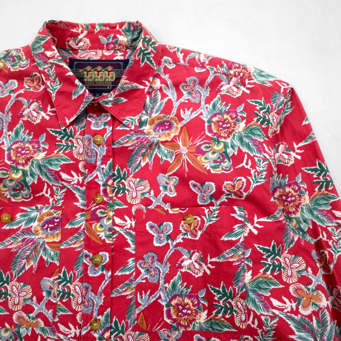 RALPH LAUREN 1980s Japanese-made floral long-sleeved aloha shirt, size L, red, double breasted, chest pocket