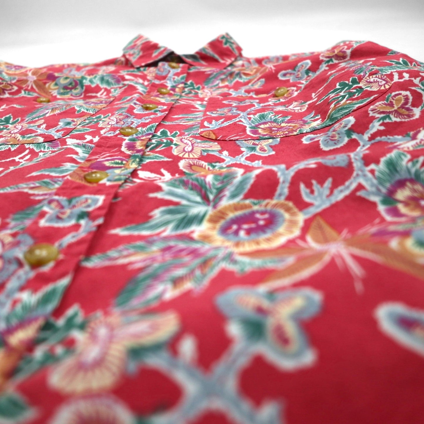 RALPH LAUREN 1980s Japanese-made floral long-sleeved aloha shirt, size L, red, double breasted, chest pocket