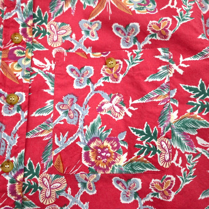 RALPH LAUREN 1980s Japanese-made floral long-sleeved aloha shirt, size L, red, double breasted, chest pocket