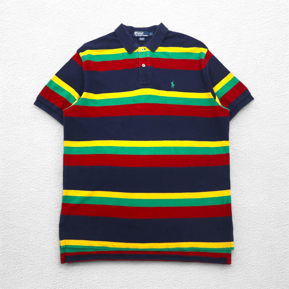 Polo by Ralph Lauren 90s Multi-border Polo Shirt L Navy Rasta Color Pique Small Pony Embroidery