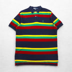 Polo by Ralph Lauren 90s Multi-border Polo Shirt L Navy Rasta Color Pique Small Pony Embroidery