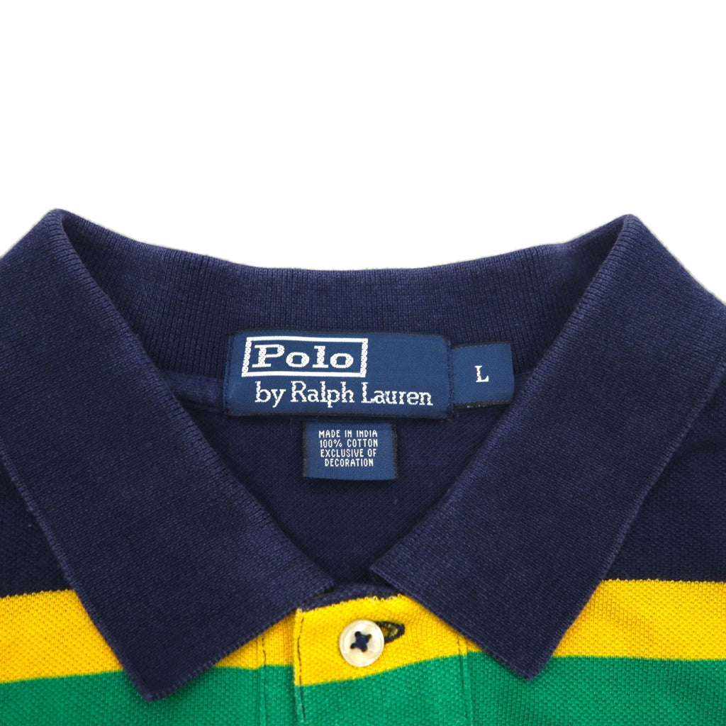 Polo by Ralph Lauren 90s Multi-border Polo Shirt L Navy Rasta Color Pique Small Pony Embroidery