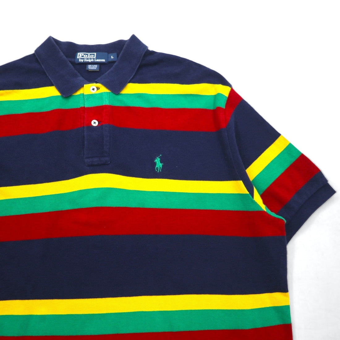 Polo by Ralph Lauren 90s Multi-border Polo Shirt L Navy Rasta Color Pique Small Pony Embroidery