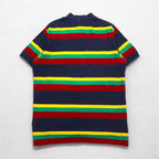 Polo by Ralph Lauren 90s Multi-border Polo Shirt L Navy Rasta Color Pique Small Pony Embroidery
