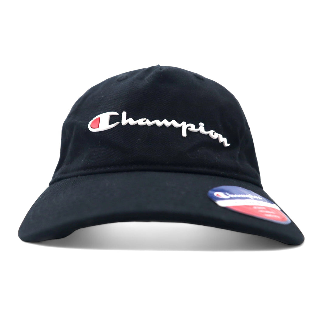日本然リトテ-古着オンライン-Champion スクリプトロゴ 6パネルキャップ OSFA アジャスタブル ブラック コットン-Champion Script Logo 6 Panel Cap OSFA Adjustable Black Cotton