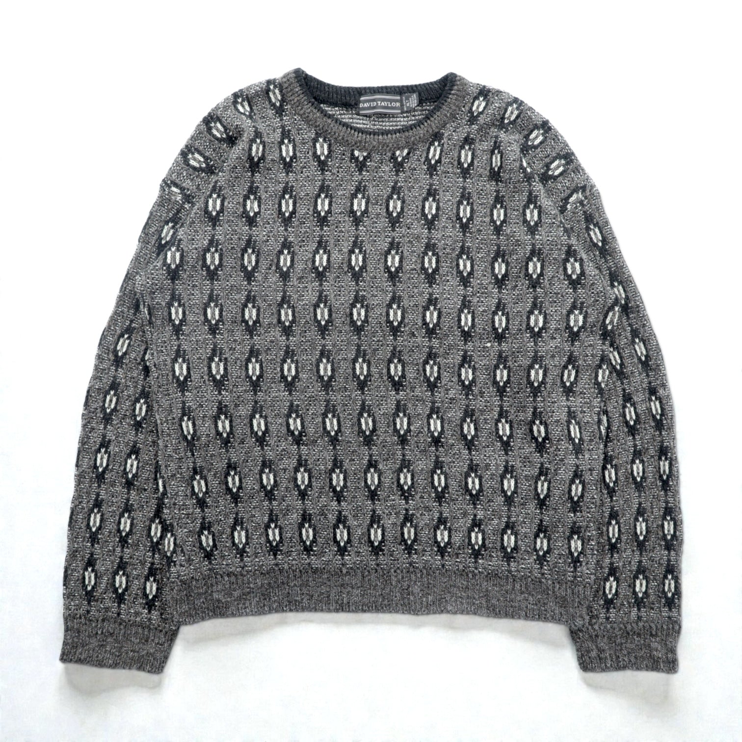 90s USA Vintage Jacquard Knit DAVID TAYLOR 総柄 ジャガード ニット セーター XL グレー 90年代 USA製