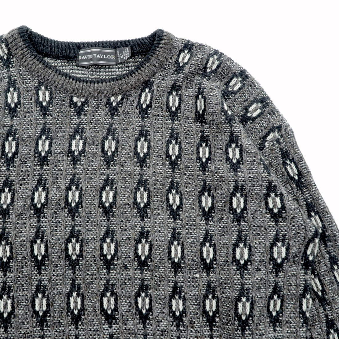 90s USA Vintage Jacquard Knit DAVID TAYLOR 総柄 ジャガード ニット セーター XL グレー 90年代 USA製