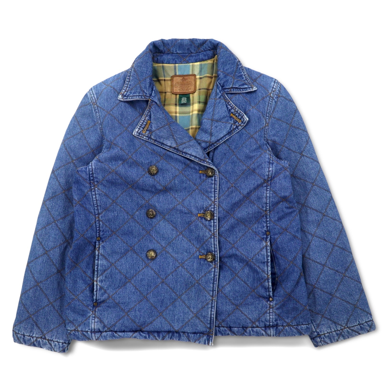 LAUREN JEANS CO. 90s Double Breasted Quilted Denim Jacket P Coat XL Indigo Blue Padded Check Lining