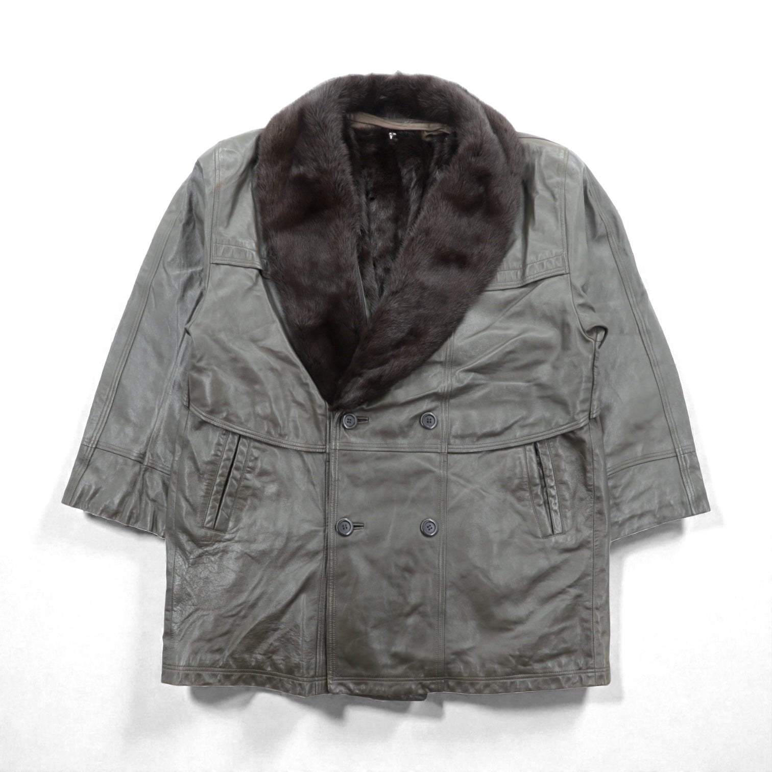 90s Vintage ダブルブレスト ギャングコート ラムレザージャケット  XL ライナー ファー着脱式