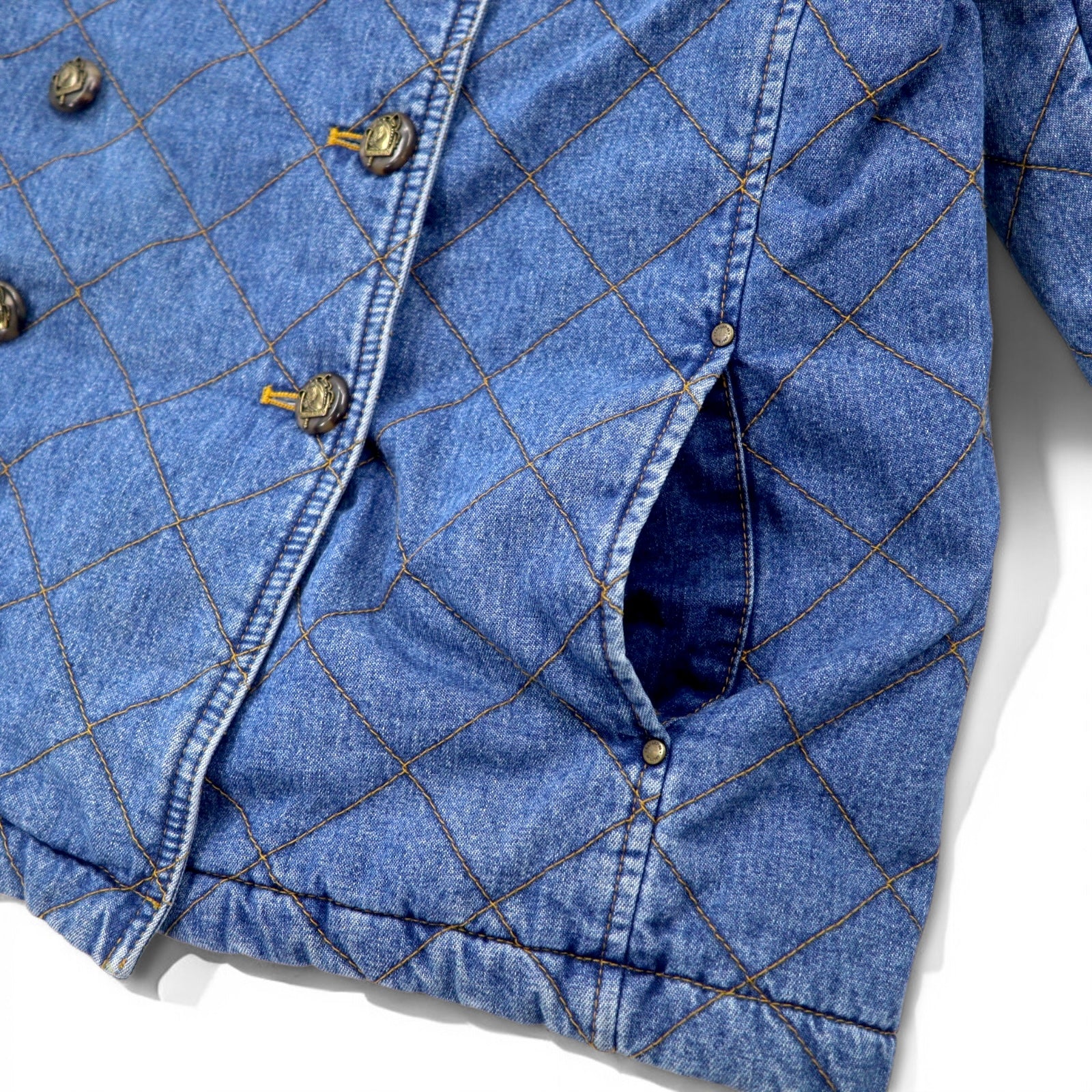 LAUREN JEANS CO. 90s Double Breasted Quilted Denim Jacket P Coat XL Indigo Blue Padded Check Lining