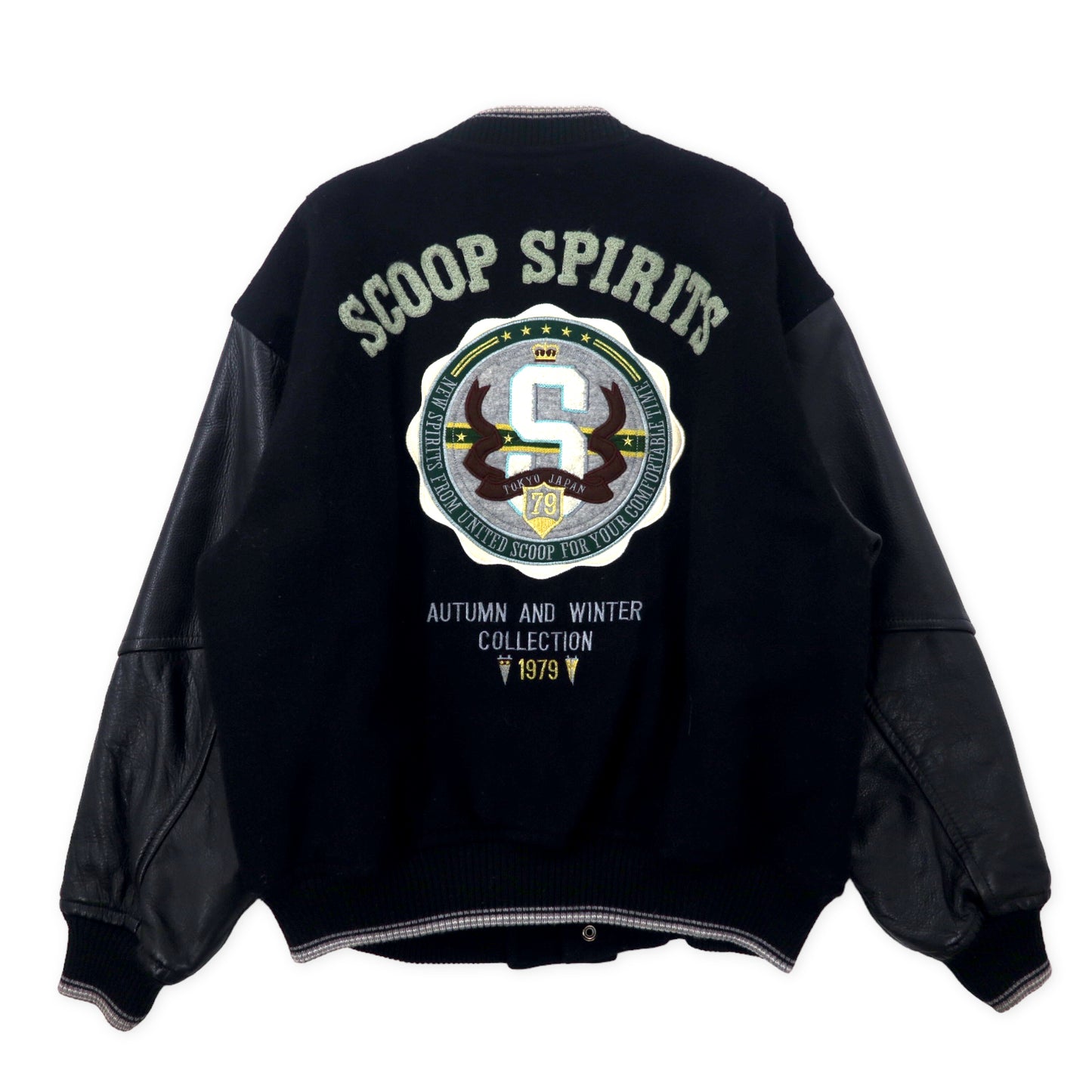 Scoop Collection Sleeve Leather VARSITY JACKET L Black Wool