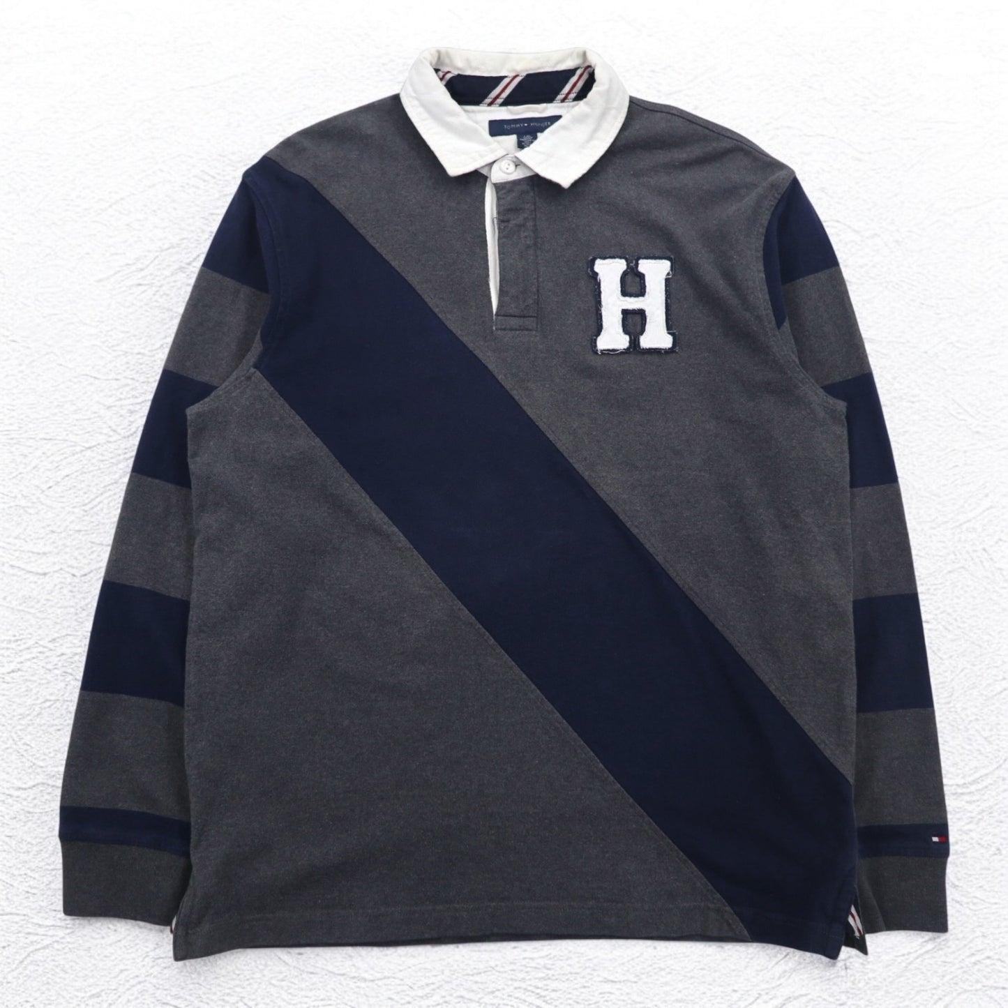 TOMMY HILFIGER 90年代 ラガーシャツ L グレー ネイビー コットン ロゴワッペン