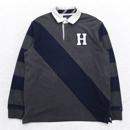 TOMMY HILFIGER 90年代 ラガーシャツ L グレー ネイビー コットン ロゴワッペン