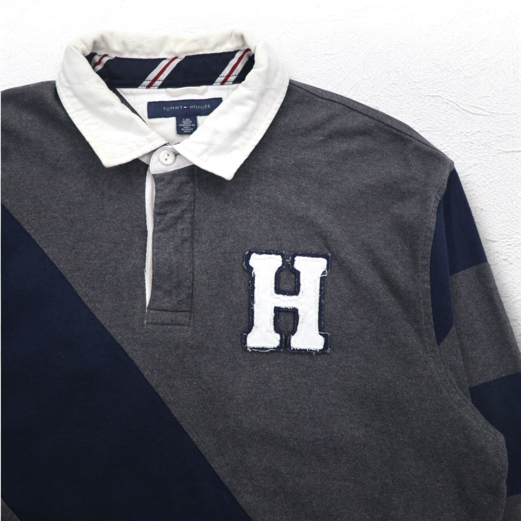 TOMMY HILFIGER 90年代 ラガーシャツ L グレー ネイビー コットン ロゴワッペン