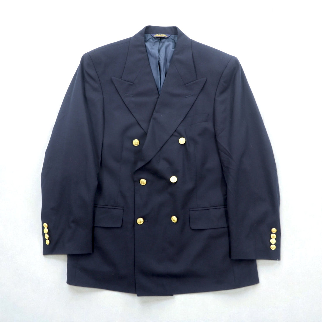 Brooks Brothers 80s Made in USA Double-Breasted Tailored Jacket, Size M, Navy, Gabardine Wool, Gold Buttons