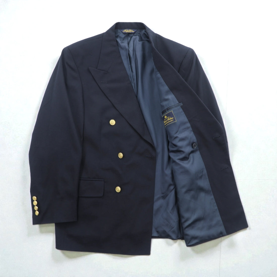 Brooks Brothers 80s Made in USA Double-Breasted Tailored Jacket, Size M, Navy, Gabardine Wool, Gold Buttons