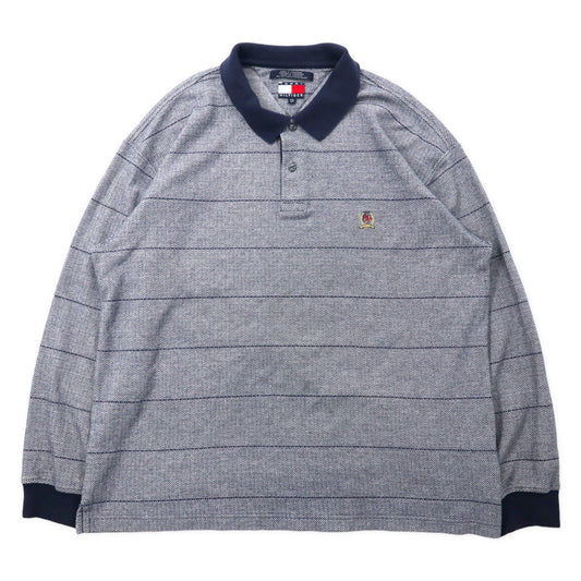 日本然リトテ-古着オンライン-TOMMY HILFIGER 90年代 長袖ポロシャツ XXL グレー ネイビー コットン ヘリンボーン ワンポイントロゴ ビッグサイズ-TOMMY HILFIGER 90's Long Sleeve Polo Shirt XXL Gray Navy Cotton Herringbone One Point Logo Big Size