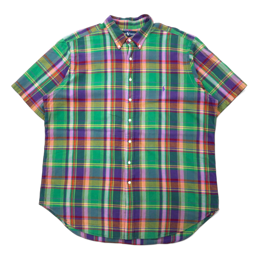 日本然リトテ-古着オンライン-Ralph Lauren クラシックフィット 半袖 ボタンダウンシャツ 2XLT TALL グリーン チェック コットン スモールポニー 刺繍 ビッグサイズ-Ralph Lauren Classic Fit Short Sleeve Button-down Shirts 2XLT TALL Green Checked Cotton Small Pony Embroidery Big Size
