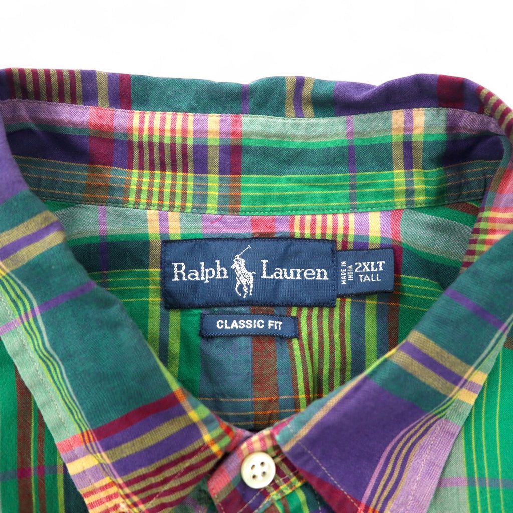 Ralph Lauren クラシックフィット 半袖 ボタンダウンシャツ 2XLT TALL グリーン チェック コットン スモールポニー 刺繍 ビッグサイズ