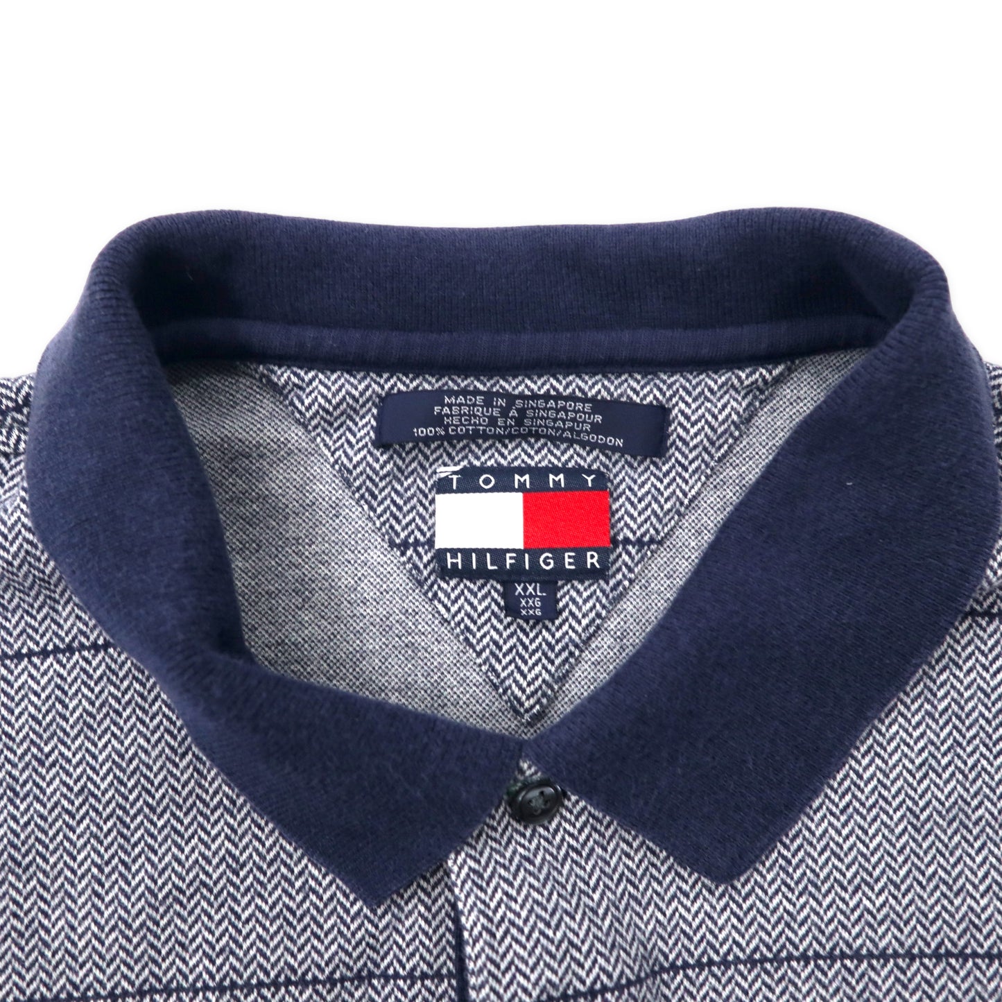 TOMMY HILFIGER 90年代 長袖ポロシャツ XXL グレー ネイビー コットン ヘリンボーン ワンポイントロゴ ビッグサイズ