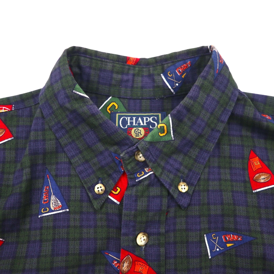 CHAPS RALPH LAUREN 90s Button-Down Shirt, Size L, Green Check, All-Over Print, Pennant Flag