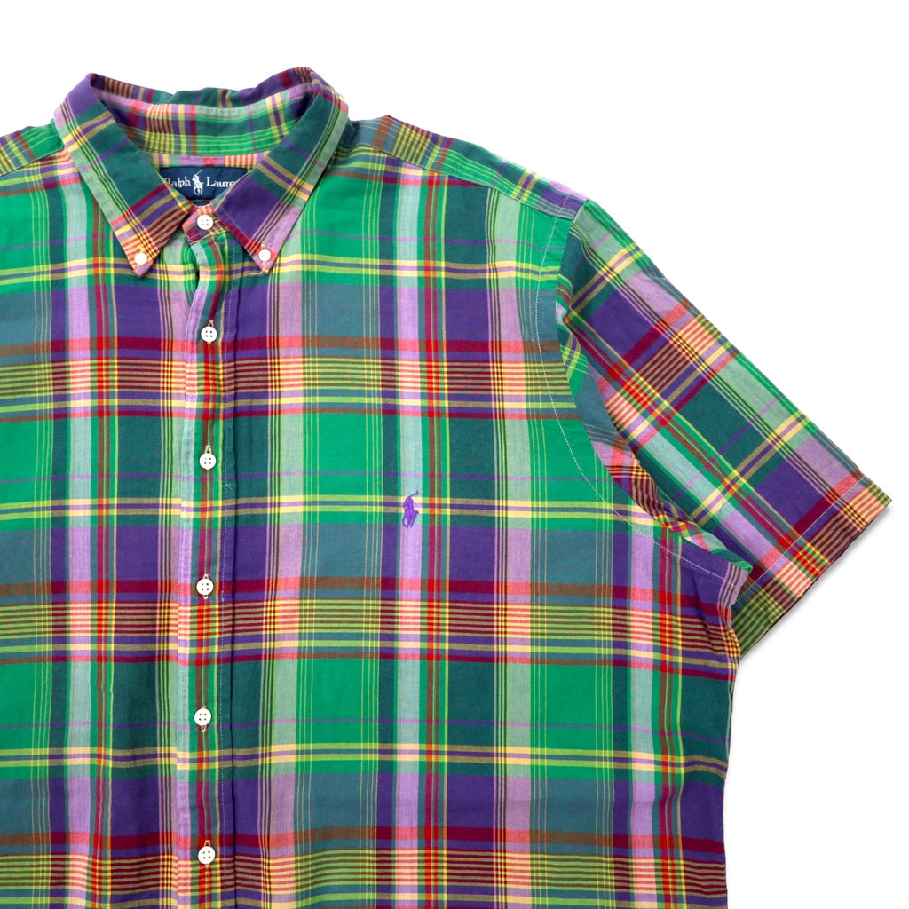 Ralph Lauren クラシックフィット 半袖 ボタンダウンシャツ 2XLT TALL グリーン チェック コットン スモールポニー 刺繍 ビッグサイズ