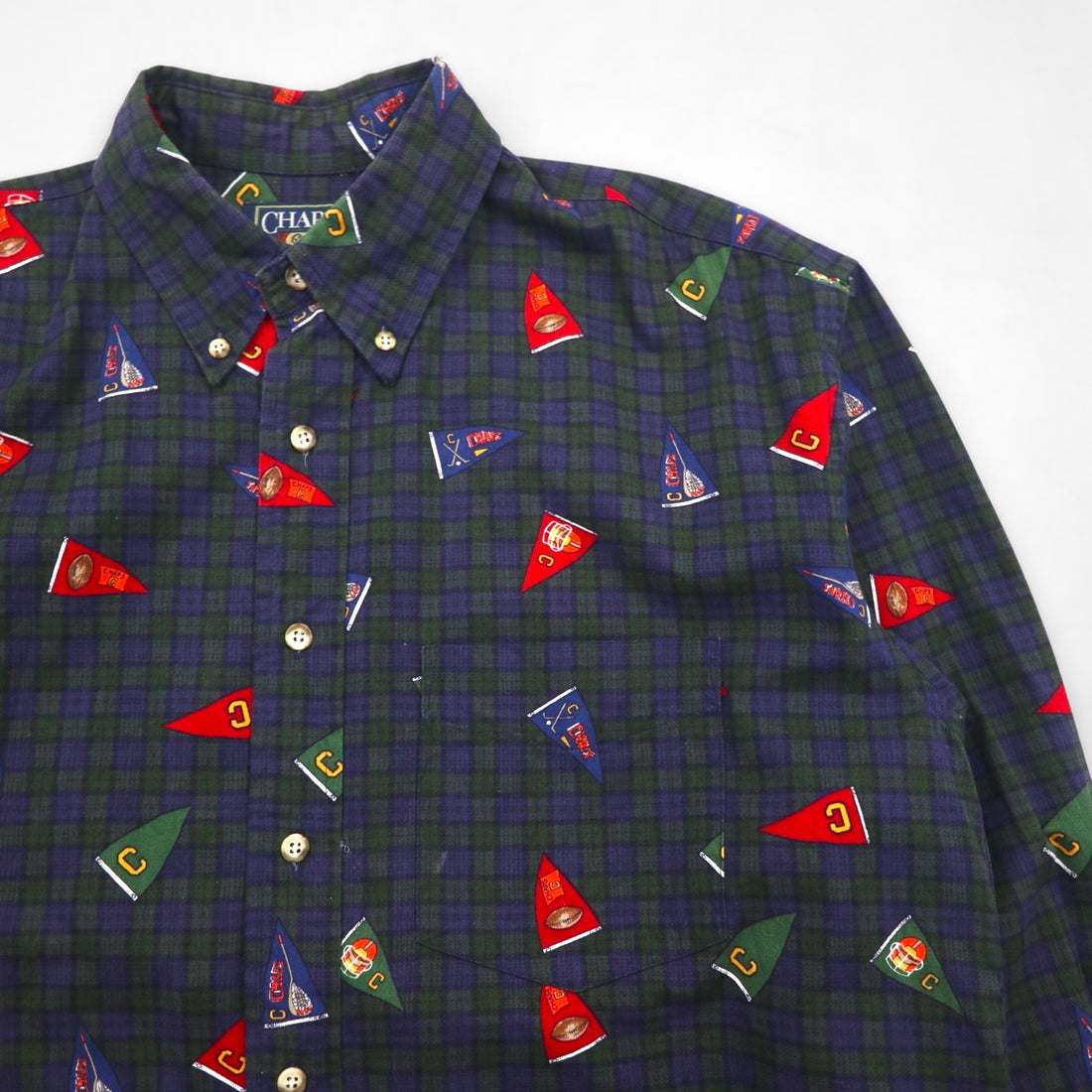 CHAPS RALPH LAUREN 90s Button-Down Shirt, Size L, Green Check, All-Over Print, Pennant Flag
