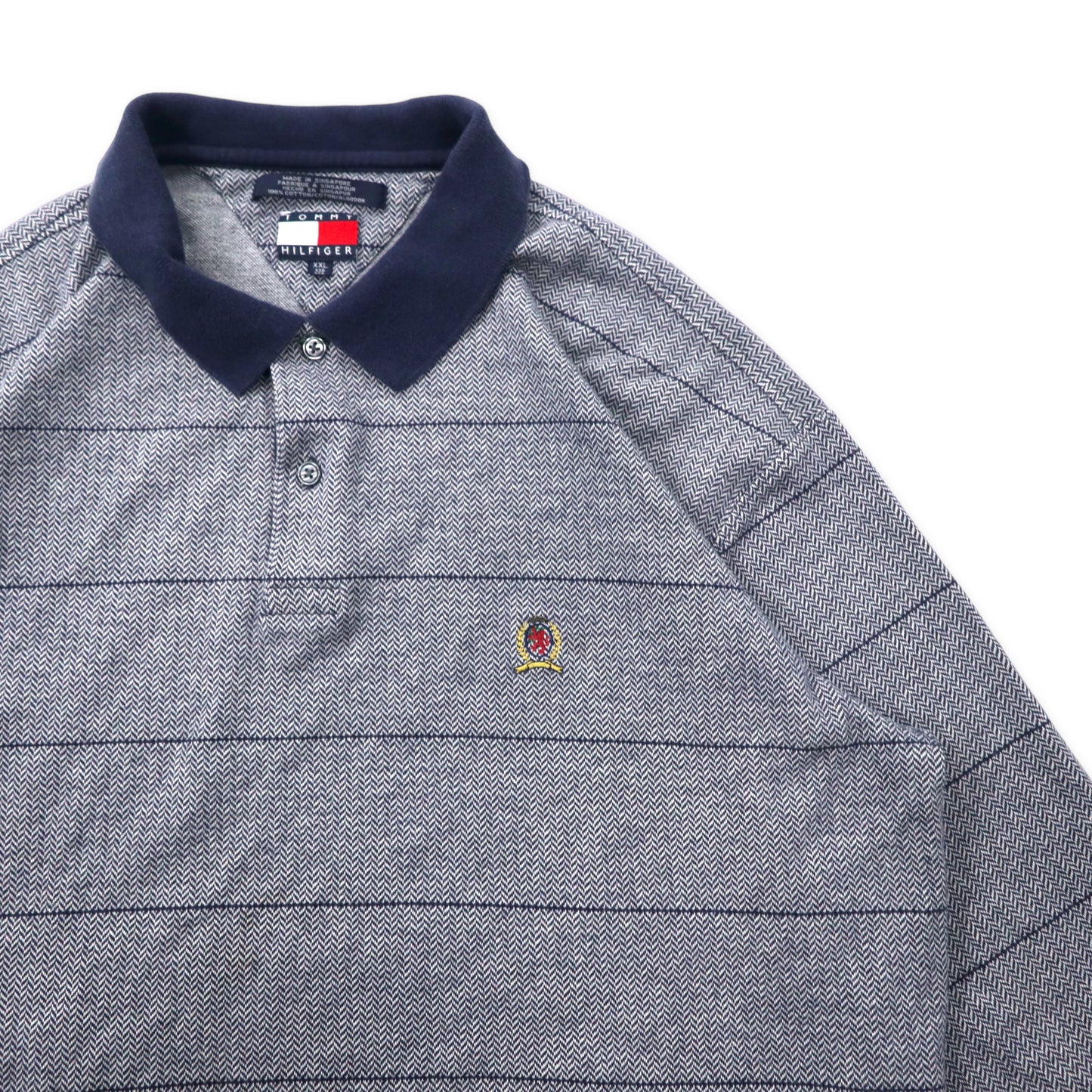 TOMMY HILFIGER 90年代 長袖ポロシャツ XXL グレー ネイビー コットン ヘリンボーン ワンポイントロゴ ビッグサイズ