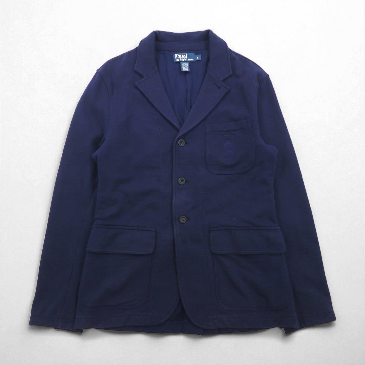 Polo Ralph Lauren 90s 3B Tailored Jacket Blazer, Size L, Navy Cotton with Pony Embroidery