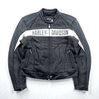 HARLEY DAVIDSON パンチングレザー レーシングジャケット L シングルライダース ダブルジップ 白ライン