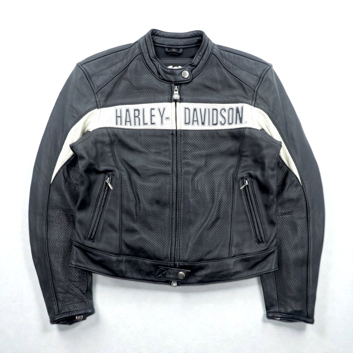 HARLEY DAVIDSON パンチングレザー レーシングジャケット L シングルライダース ダブルジップ 白ライン