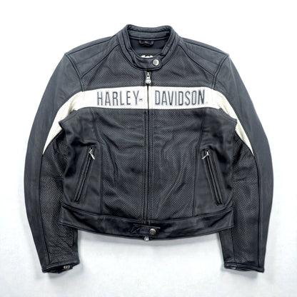 HARLEY DAVIDSON パンチングレザー レーシングジャケット L シングルライダース ダブルジップ 白ライン