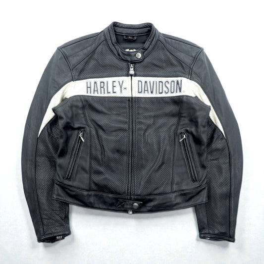 HARLEY DAVIDSON パンチングレザー レーシングジャケット L シングルライダース ダブルジップ 白ライン