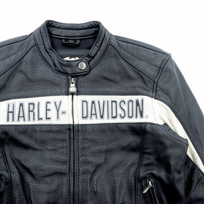 HARLEY DAVIDSON パンチングレザー レーシングジャケット L シングルライダース ダブルジップ 白ライン