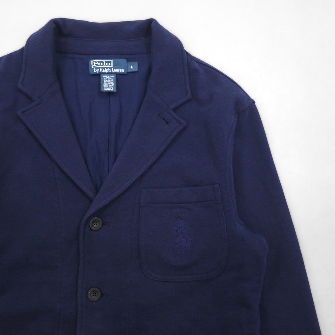 Polo Ralph Lauren 90s 3B Tailored Jacket Blazer, Size L, Navy Cotton with Pony Embroidery