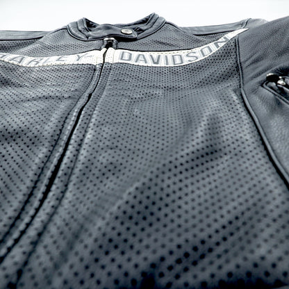 HARLEY DAVIDSON パンチングレザー レーシングジャケット L シングルライダース ダブルジップ 白ライン