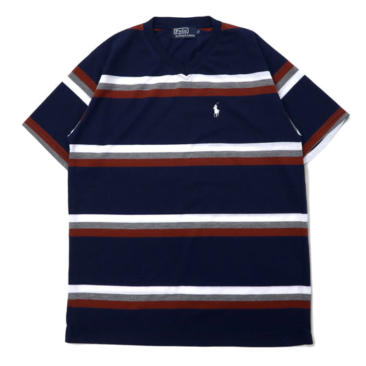 日本然リトテ-古着オンライン-Polo by Ralph Lauren Vネック ボーダー Tシャツ L ネイビー コットン スモールポニー 刺繍-Polo by Ralph Lauren V-Neck Striped T-Shirt L Navy Cotton Small Pony Embroidery