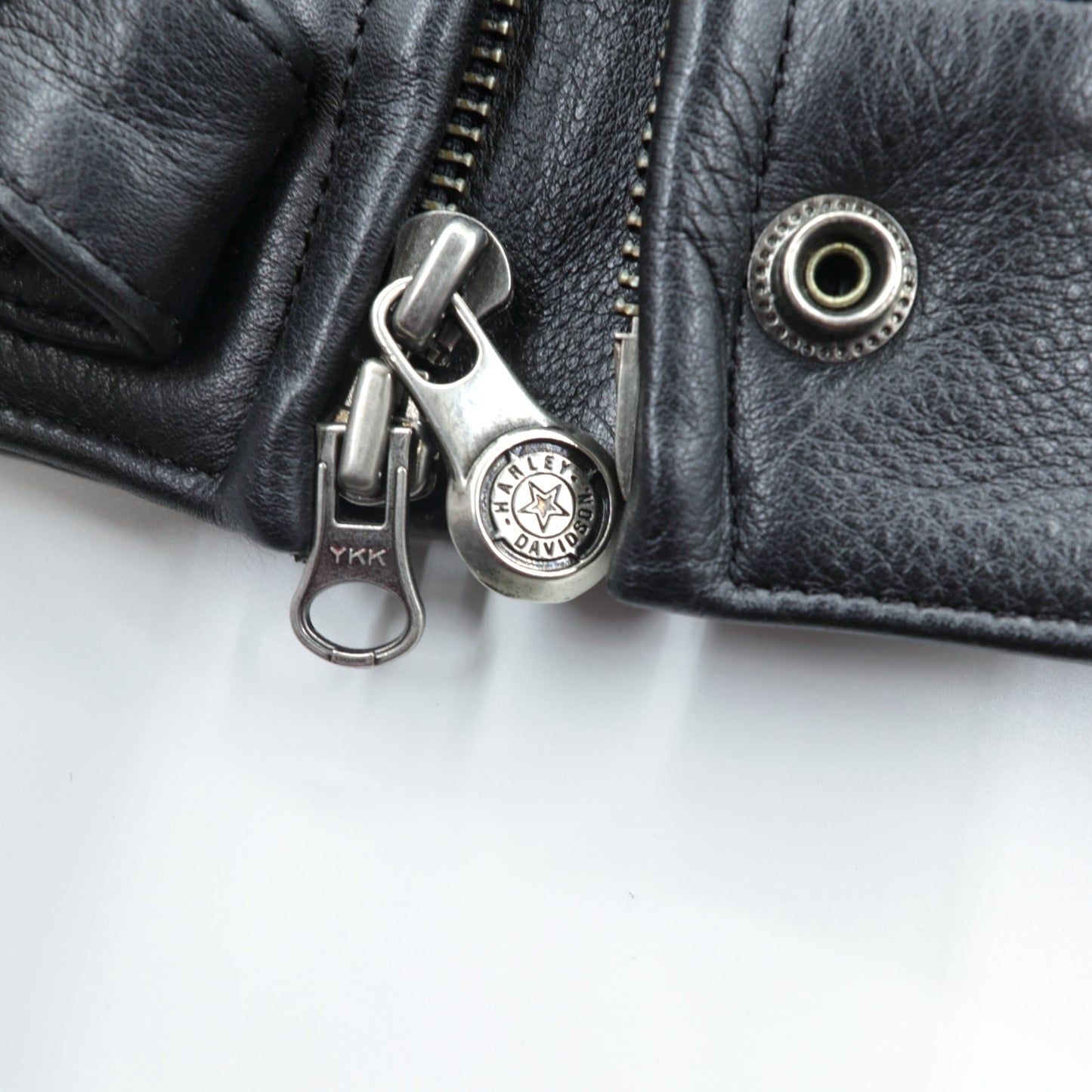 HARLEY DAVIDSON パンチングレザー レーシングジャケット L シングルライダース ダブルジップ 白ライン