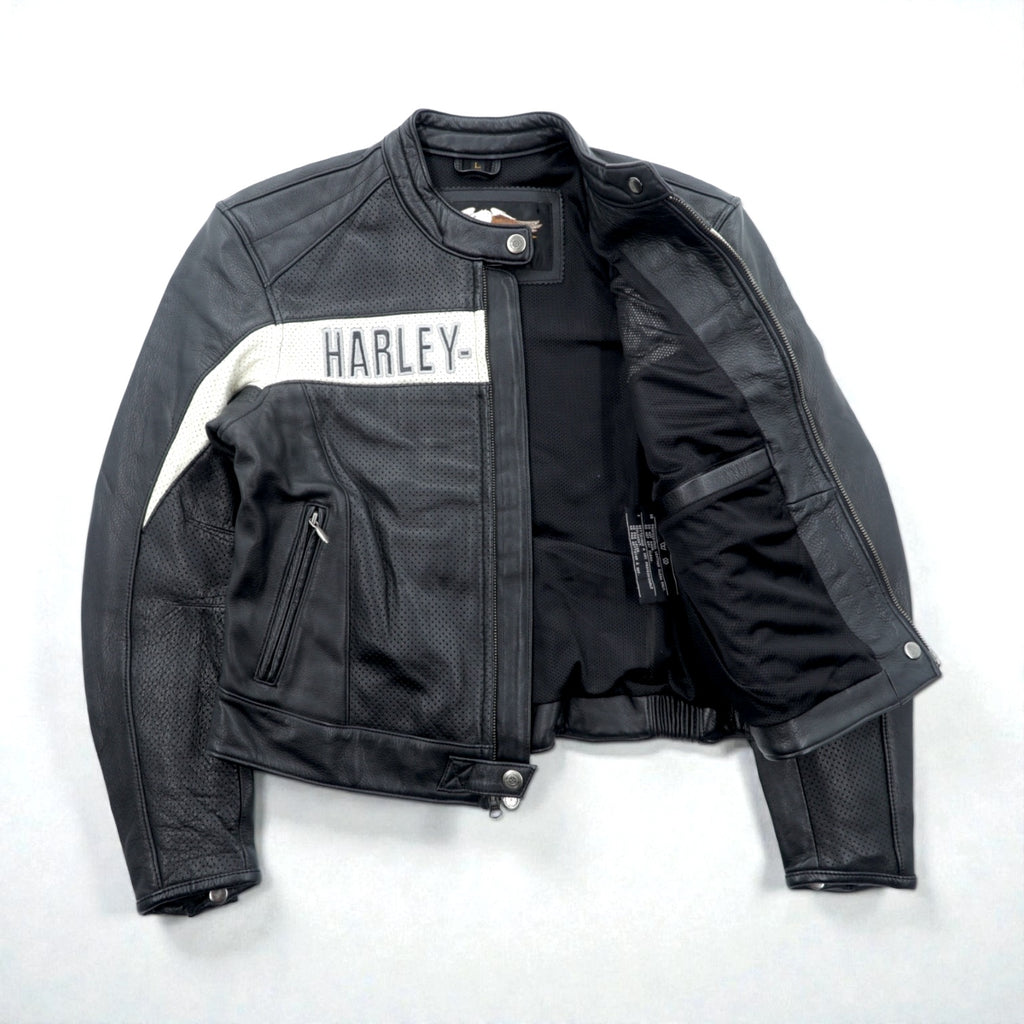 HARLEY DAVIDSON パンチングレザー レーシングジャケット L シングルライダース ダブルジップ 白ライン